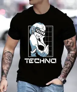 100% cotton Men'S Graphic T-Shirt - Funny Techno DJ Portrait & Bold TECHNO Text - Black Clubwear Tee for Raves, Concerts, Beach - Lightweight Polyester Shirt for Summer Outfits & Music Festival Gifts, Casual Round Neck streetwear，summer outfits