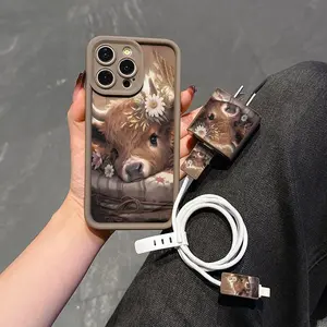 Cute Cow Pattern Phone Case with Charger Saver & Cable Protector & Storage Rope, Anti-drop Cellphone Protective Case, Total Protective Shockproof Mobile Phone Cover for iPhone, Casing