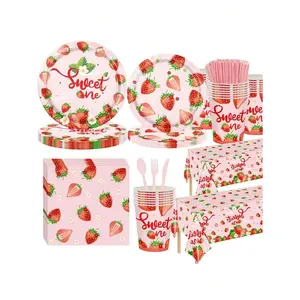 Strawberry Themed Supplies For Girls Sweet Birthday Party Decorations Berry First Disposable Tableware Set Plates Napkins Cups And Forks Knives