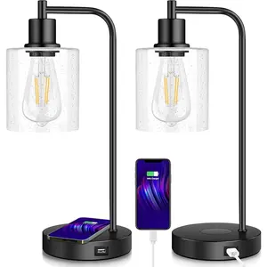 Set of 2 Wireless Charging Industrial Table Lamp 3-Way Touch Control Dimmable Desk Lamp with USB Port Bedside Lamp with Hanging Seeded Glass Shade for Office Bedroom Living Room, Bulb Included