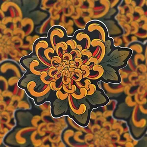 Orange Chrysanthemum Sticker, Floral Sticker, Japanese Art, Japanese Mum, Mum Sticker, Traditional Tattoo Flash Art, Punk Sticker, Flash Art