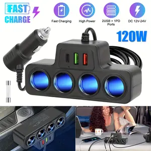 Multi-Function Cigarette Lighter Splitter, Cell Phone Car Charger, 4 Cigarette Lighter Sockets, 1 PD Fast Charger Port 2-Port USB Power Adapter for Cell Phones Adapter