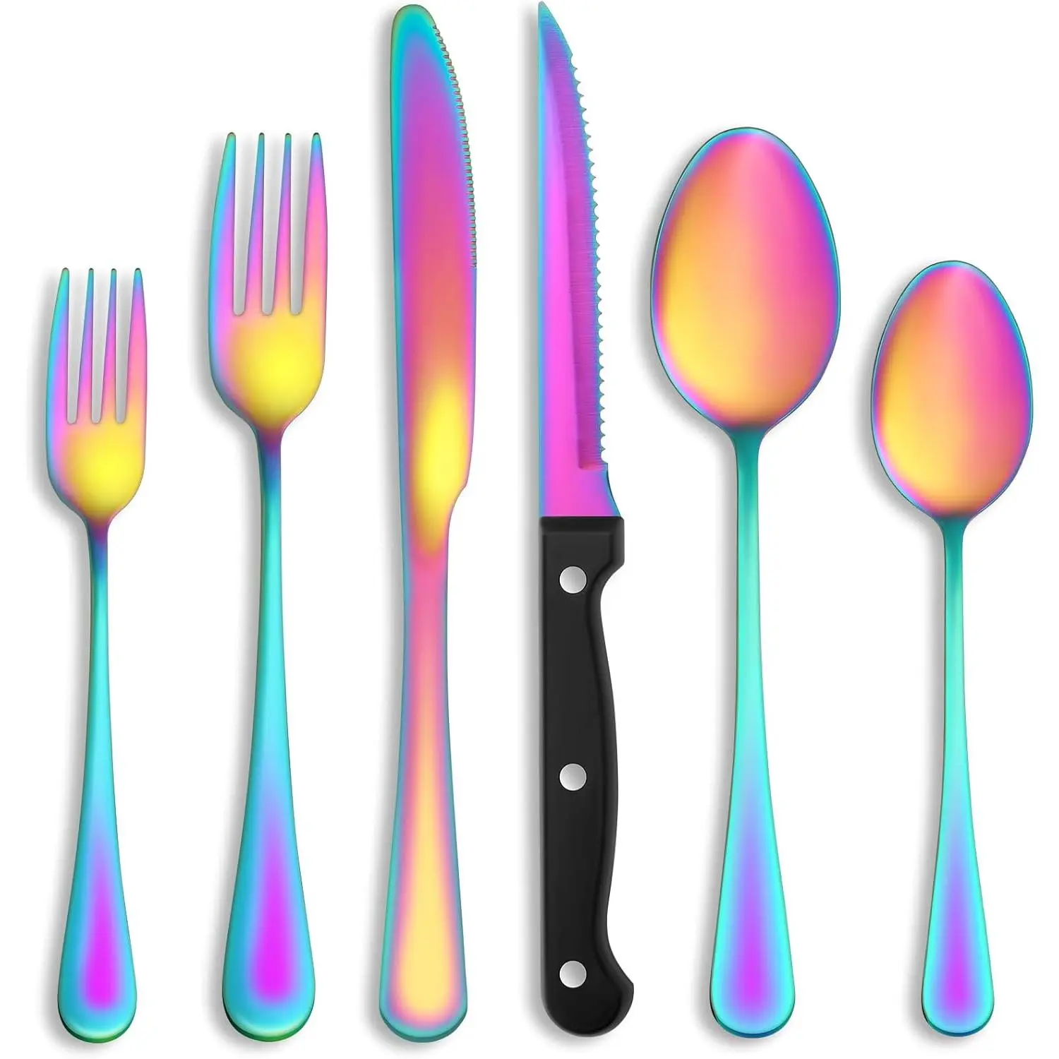 48 count Rainbow Silverware Set with Steak  Service for 8,Stainless Steel Flatware Set,Mirror Polished Cutlery Utensil Set, Kitchen Eating Tableware,Include Fork  Spoon Set,Dishwasher Safe