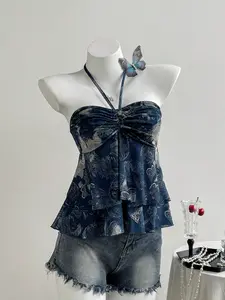 Women's Fashionable Printed Strapless Crop Top Vacation Summer Beach Fashion Streetwear