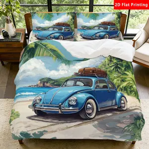 2/3 Pcs 2D Flat Beach Car and Palm Tree Duvet Cover Set Tropical Bedding Set Quilt Cover 1 Duvet Cover + 1/2 Pillowcases Beachy Top Sheet Decorative Bedding Bedroom Decor