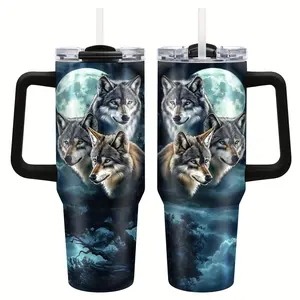1 40 oz wolf-themed stainless steel thermos cup with handle and lid, double insulated travel coffee for wolf fans, wolf-themed gifts, Christmas birthday gifts (for both men and women), Thanksgiving, Father's Gradient cecily Stranger Things Insulated Mug