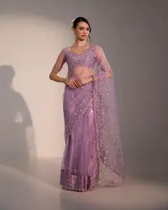 Soft Lilac Pre-Stitched Saree in Soft Net with Sequins, Silver Jari & Mirror Work