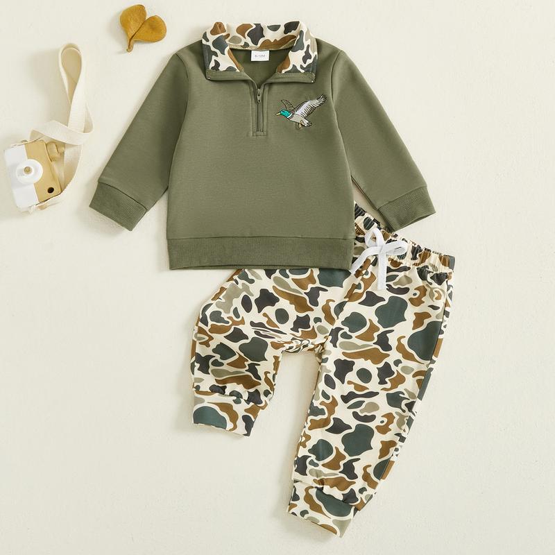 Babamoon Toddler Baby Boy Fall Hunting Outfits Half Zip Long Sleeve Animal Mallard Duck Print Pullover Tops Camouflage Pants 2Pcs Wild Clothes Set