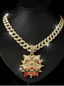 Unique Heavy-Duty Evil Dog Cuban Link Chain Necklace, High-End Sparkling Diamond Blood Tooth Details, American Street Style Fashion Accessory