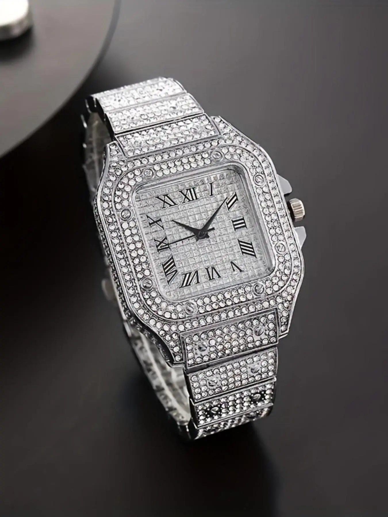 A square-shaped men's quartz watch featuring a starry sky design on the dial, stainless steel strap, diamond embellishments, and Roman numerals, Quartz Wristwatch