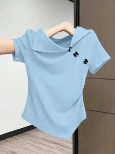 Women's Summer Elegant Casual Asymmetric Bowknot Decorated T-Shirt Fit, Stylish Ladies' Fashion Top, Perfect for Daily Wear