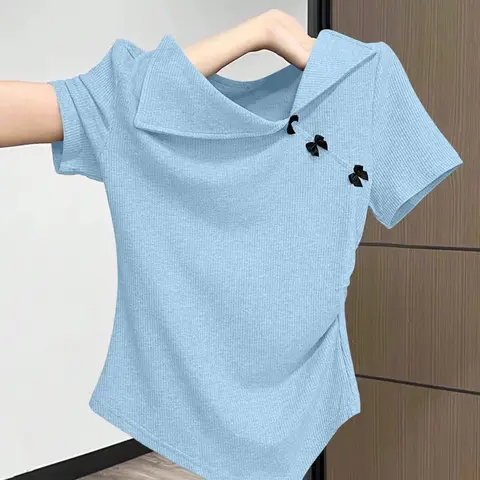 Women's Summer Elegant Casual Slim Fitted Basic Asymmetric Bowknot Decorated T-Shirt, Perfect for Daily Wear