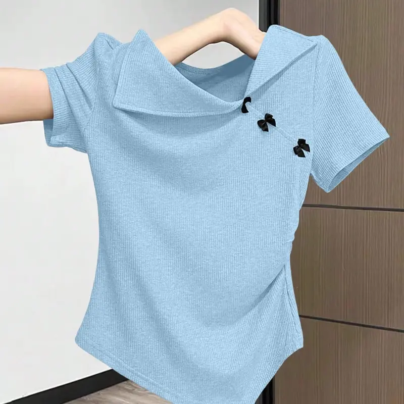 Women's Summer Elegant Casual Slim Fitted Basic Asymmetric Bowknot Decorated T-Shirt, Perfect for Daily Wear