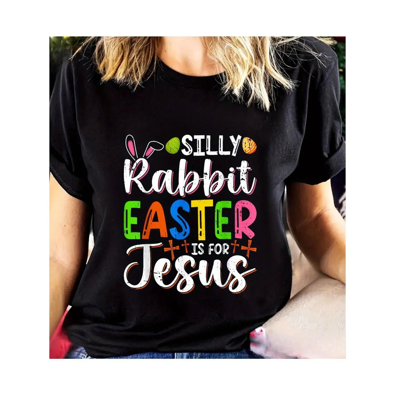 Women's Easter Bunny Graphic T-Shirt - "Silly Rabbit, Easter Is for Jesus" Design, Black Blend, Machine Washable, Perfect for Spring & Casual Wear, Seasonal Graphic Tee | Playful Graphic Tee | Comfortable Casualwear