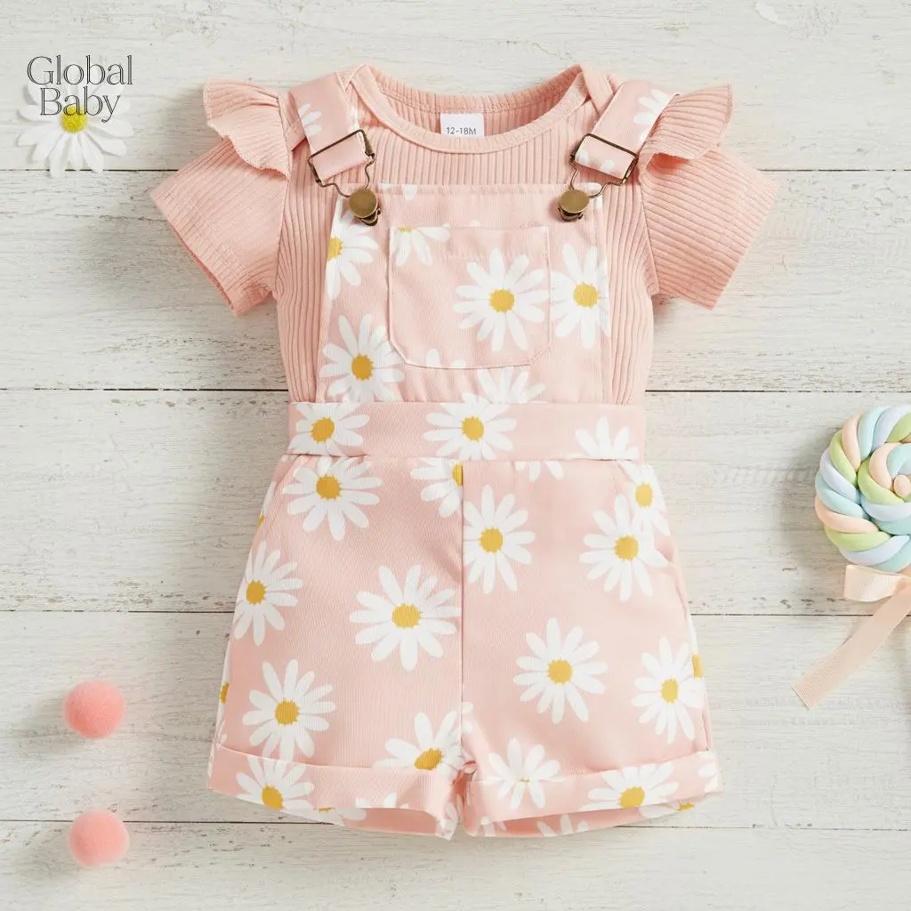 Global Baby  Children's clothing summer pit strip flying sleeve bag fart Romper + multi-color printed flower overalls baby set Baby Girls Shorts Set, Short Sleeve Romper with Flower Print