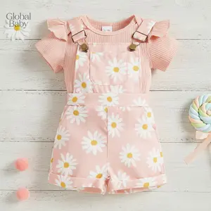 Global Baby  Children's clothing summer pit strip flying sleeve bag fart Romper + multi-color printed flower overalls baby set Baby Girls Shorts Set, Short Sleeve Romper with Flower Print