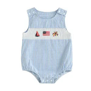 Newborn Baby Boy Girl First 4th of July Summer Outfit Sleeveless American Flag Sailboat Firework Embroidery Bubble Romper Bodysuit Patriotic Clothes