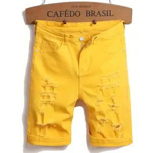 Men's Cotton Yellow Distressed Ripped Denim Shorts, Y2K Streetwear Bright Color Jean Shorts, Casual Summer Knee-Length Bottoms, High Street Fashion