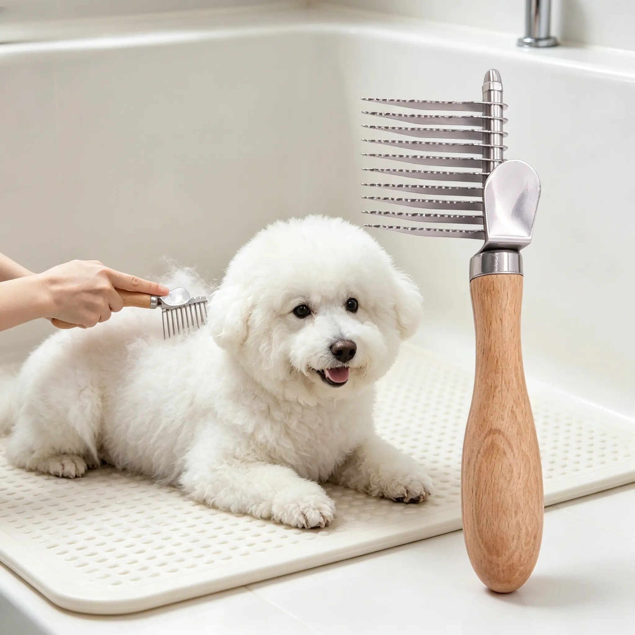 Double-Sided Stainless Steel Dog Dematting Brush-Rake with Wooden Handle, Rounded Edges Pet Grooming Tool for Detangling Hair, Matted Fur & Undercoat Removal, Blood Flow Stimulation, Brush Shedding, Deshedding & Fur Release Tools, Ideal for Doodles & Cats
