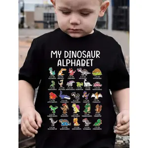 1pc Boys' Cotton T-Shirt with Dinosaur Alphabet Print, Casual Crew Neck Short Sleeve Tee, 100% Cotton Knit Fabric, Medium Stretch, All Seasons, Letter Print, Cool Pattern, Suitable