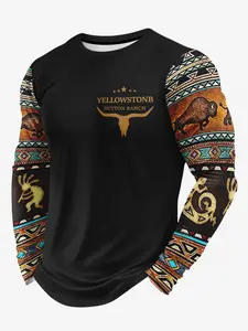 Men's Casual Long Sleeve Round Neck T-Shirt, Geometric Design & 3D Print, 100% Knit Fabric, Knitted, Fitted, Light Stretch, Spring & Fall