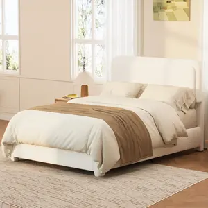 Boucle Queen Bed Frame with Adjustable Height Headboard, Modern Platform Bed with Curved Cloud Headboard, No Box Spring Needed, White