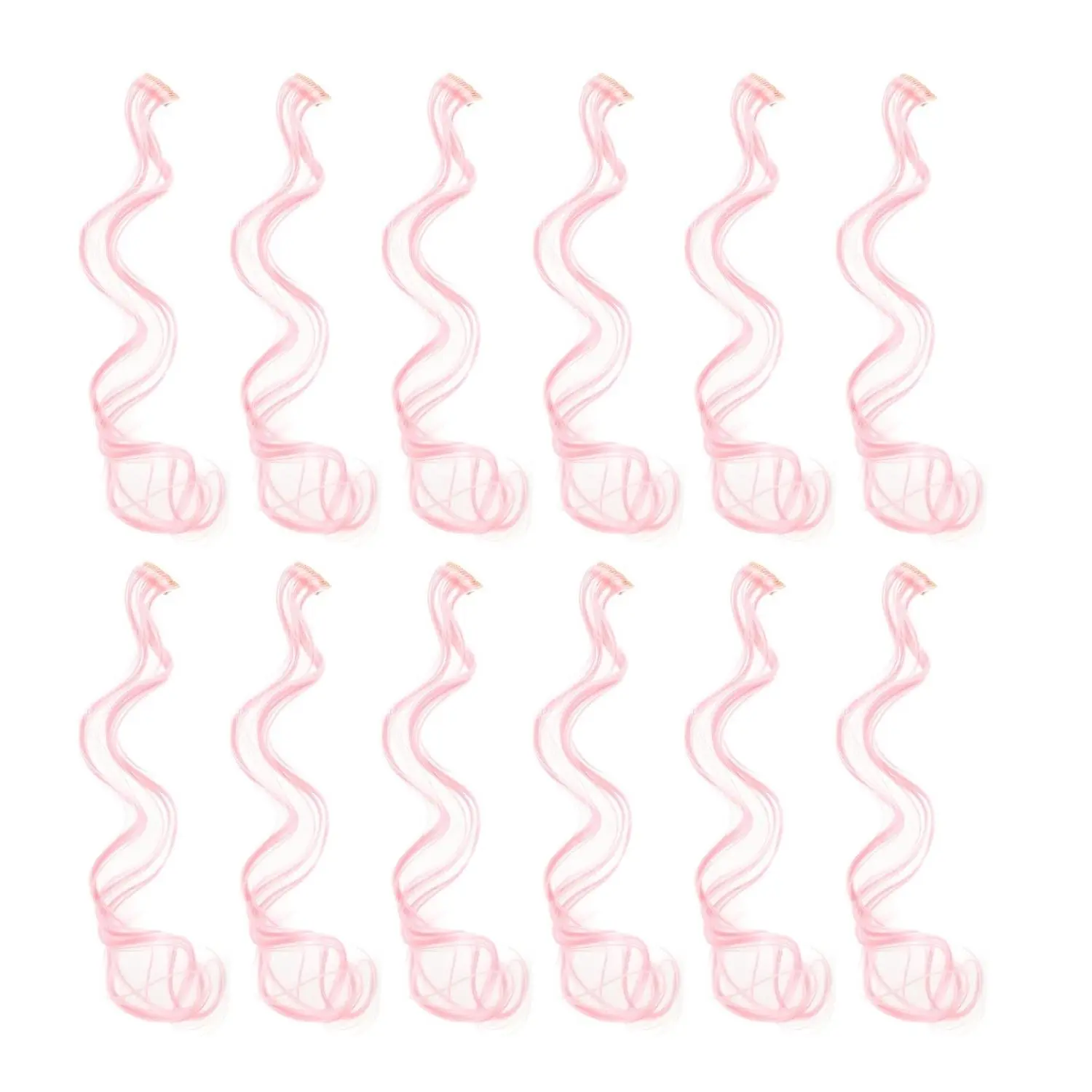 12 count Curly Wavy One Color Party Highlights Clip on in Hair Extensions Colored Hair Streak Synthetic Hairpieces (Pink)