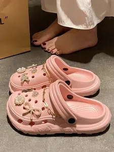 Summer Fashion Simple Sweet Thick Sole Holey Shoes for Women, Eva Outdoor High Heel Beach Sandals, Comfortable Slip-On Slippers Footwear, Breathable Slippers, Eva Casual Slippers