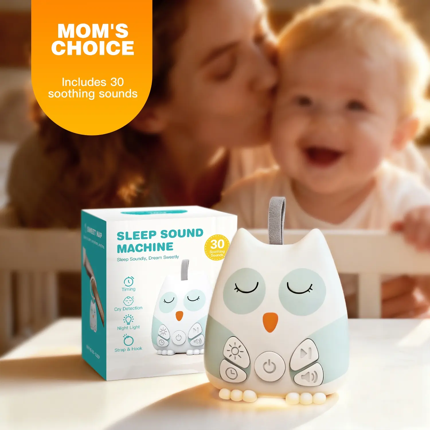 Owl White Noise Machine for Babies, 30 Soothing Sounds and Lullabies for Newborns Kids, Portable Sleep Soother with Night Light, Clips on Baby Stroller, Adjustable Volume and Auto-off Timer, Registry Gift