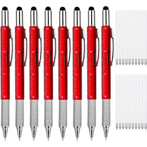8 count 6 in 1 Multitool Pen with , Ruler, Level, Stylus, and Refills,  for Men Dad Husband, Birthday , Tools Gadgets(Red)