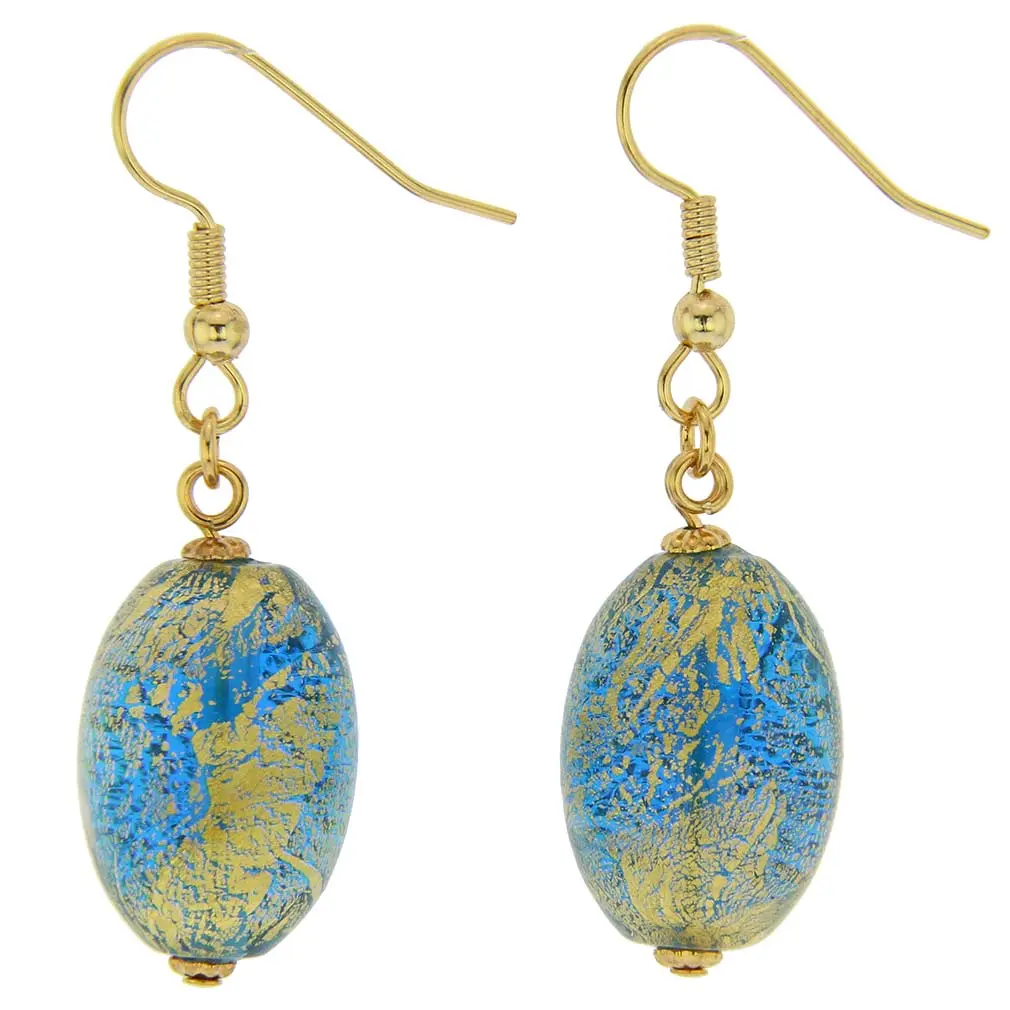 Glass Of Venice Murano Glass Ca D'Oro Handmade Dangle Earrings, Classic Italian Style Olive Shape Aqua, 1 Inch Beads, Allergy-Free, Ideal for Anniversary Birthday Gifting