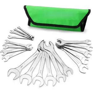 19Pcs Super-Thin Open End Wrench Set with Rolling Pouch, Carbon Steel SAE & Metric, 1/4" to 1-1/16" and 5.5mm to 27mm Slim Spanner Wrench Set (19pcs METRIC & SAE)