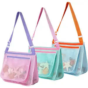 3 Pcs Seashell Collecting Bag for Kids,Beach Mesh Bag with Adjustable Shoulder Straps,Beach Toys Swimming Accessories for Boys and Girls
