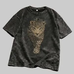 Leopard Print Women's Vintage Washed Cotton T-Shirt - 230g Heavy Cotton, Crew Neck Short Sleeve, Retro Street Style, Machine Washable, Loose Fit Casual Tee for Spring & Summer