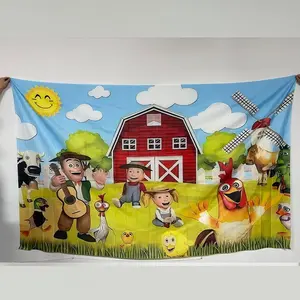 Farm Themed Party Banner, 1 Count Farm Animal Pattern Pull Flag, Photo Props Background Cloth, Indoor & Outdoor Home Background Decoration, Room Decor Banner, Yard Sign Banner, Decorative Banner, Party Decorations Banners