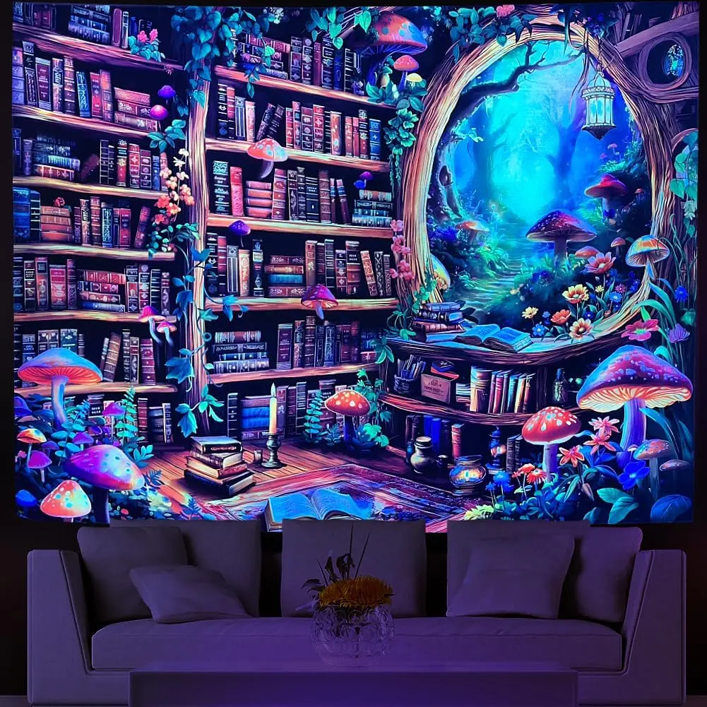 Lahasbja Blacklight Bookshelf Tapestry UV Reactive Magical Library Wall Hanging Fantasy Fairy Mushroom Forest Wall Tapestries Aesthetic Plants Bookcase Background for Bedroom