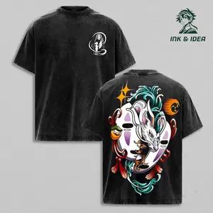 No Face Haku Dragon Vintage Washed T-Shirt, Spirited Away Studio Ghibli Anime Tee, Gym Pump Cover Oversized Japanese Spirit Back Print Streetwear Heavy Cotton Shirt