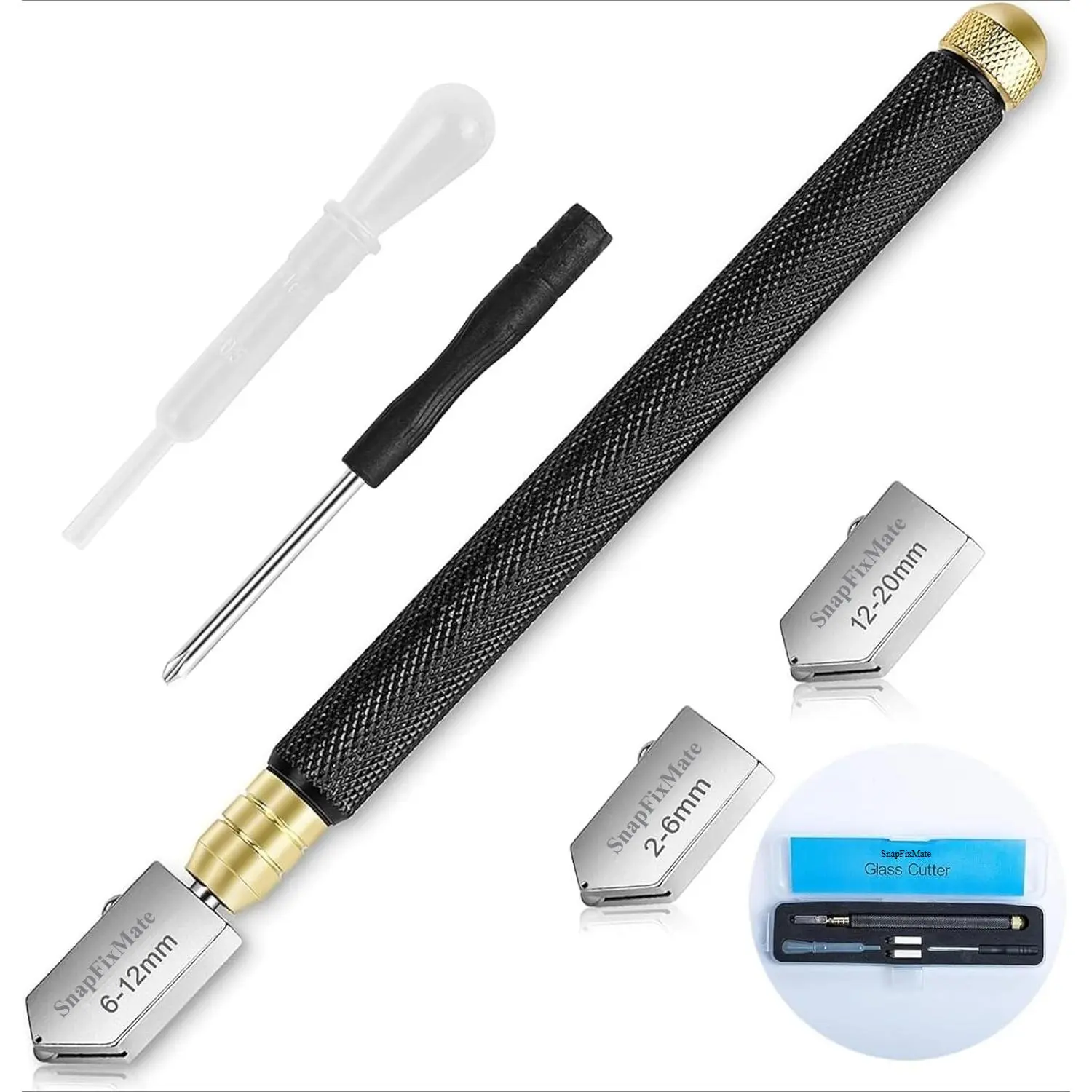 SnapFixMate Glass Cutter 2mm-20mm, Upgrade Glass Cutter Tool, Pencil Style Oil Feed Carbide Tip for Glass Cutting/Tiles/Mirror/Mosaic.