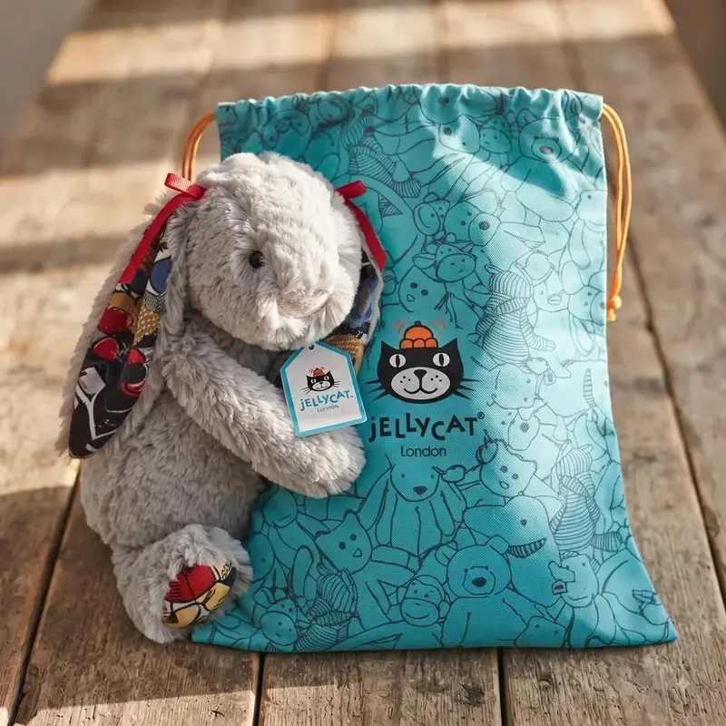 Jellycat Spider Grey/Red Plush Bunny in Teal Drawstring Bag with Cat Pattern and Red Bow