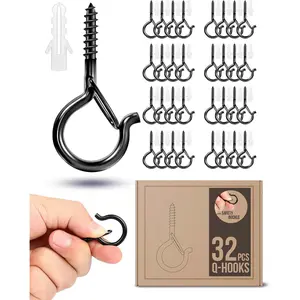 String Light Screw Hooks - Ceiling Hooks for  Solar, Plug-in Lights, Outdoor String Lights - Q Hooks with Safety Buckle Design for Porch, Patio - 32 Pack, Black, AMB-HKS-32