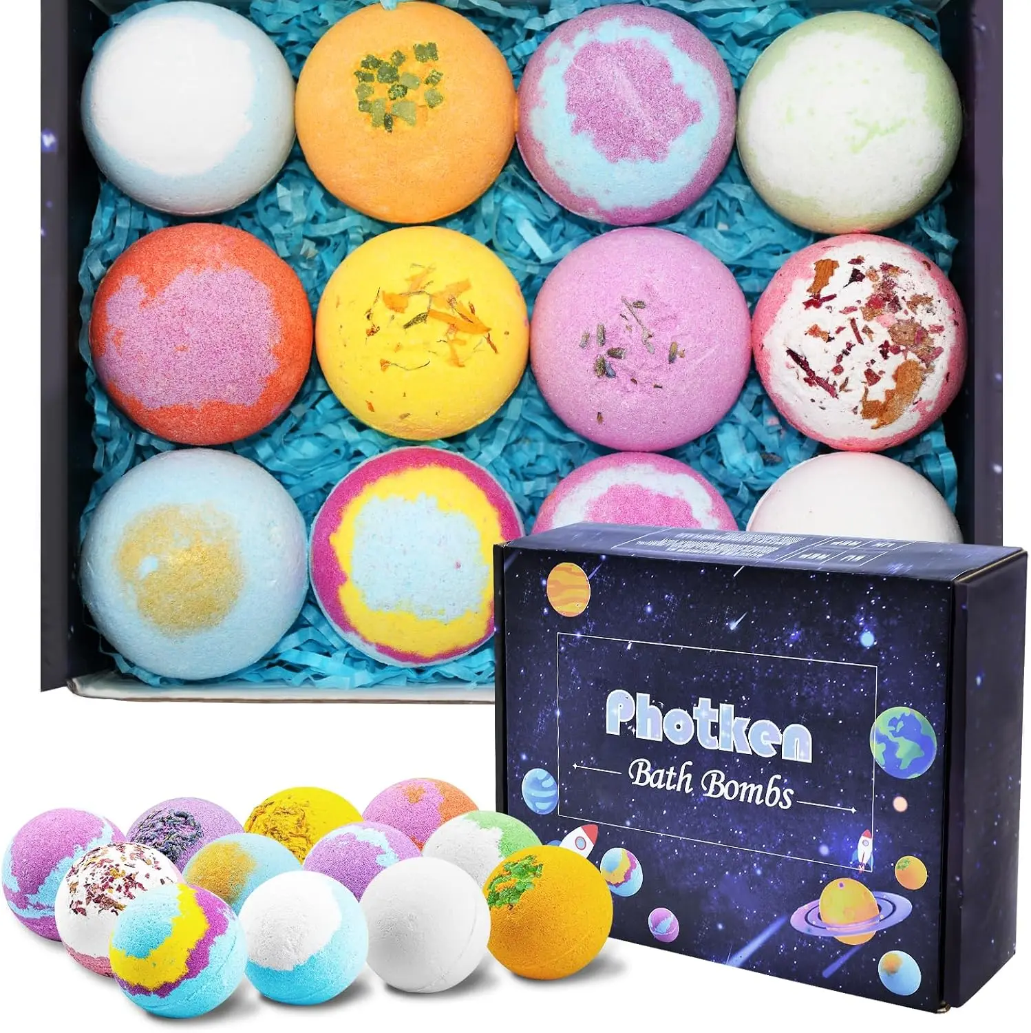 12Pcs Bath Bombs Gift Set, Fizzy Bubble Organic Bath Bomb for Kids Women Men, Handmade Natural Vegan Bath Bomb with Different Organic Essential Oils, Perfect for Bubble and Spa Bath