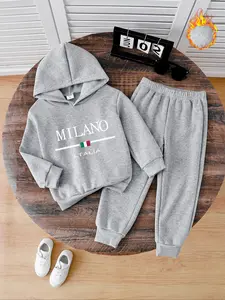 Autumn Winter Kids Fleece Warm Set, Hooded Sweatshirt with Milano Italia Print, Casual Style, Windproof Design, Ideal for Fall & Winter
