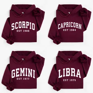 (Leave A Note or DM to Shop) Custom Year, Custom Zodiac Hoodie – Maroon Color, Est Your Year Astrology Top, Cute Horoscope Energy Gift, Unisex Hoodies, Birthday Zodiac Sign Outfit - HARSIN