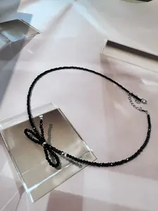 Oriental Heritage Natural Black Spinel Faceted Beaded Choker Necklace with Handmade Bow Shape, Minimalist Sweet Cool Girl Style Daily Wear, Crystal Healing Energy Jewelry, Mother's Day Birthday Gift for Girlfriend & Bestie