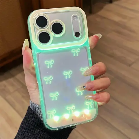 Vibrant LED Clear Aesthetic Ribbon Bowknot Case for iPhone 17 Pro Max/17 Air 17 Pro 16 plus 15 14 13,Transparent Soft Raised Camera Protective Shockproof Cover