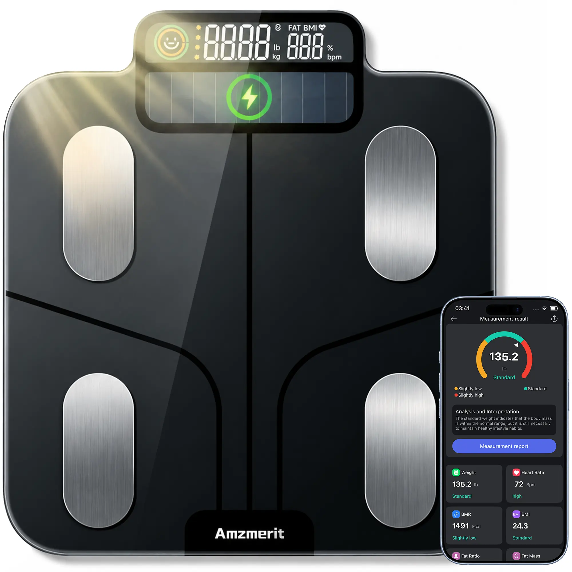 Solar Powered Smart Scale for Body Weight, No Disposable Batteries Required | Bluetooth Digital Bathroom Scale, No Charging Cable, Body Fat/BMI/Heart Rate, 0.05-0.5kg Precision, 25 Metrics via App, 400lb