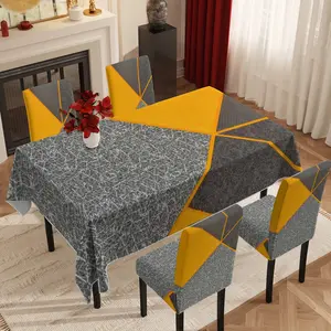 5pcs/7pcs Tablecloth and Chair Cover Set, Modern Color-blocked Geometric Printed Tablecloth and Chair Cover Set, Stretch Chair Slipcover Combo for Dining Table Decoration, Marble Pattern Suitable for Restaurant / Kitchen / Banquet, 2D Flat Printing