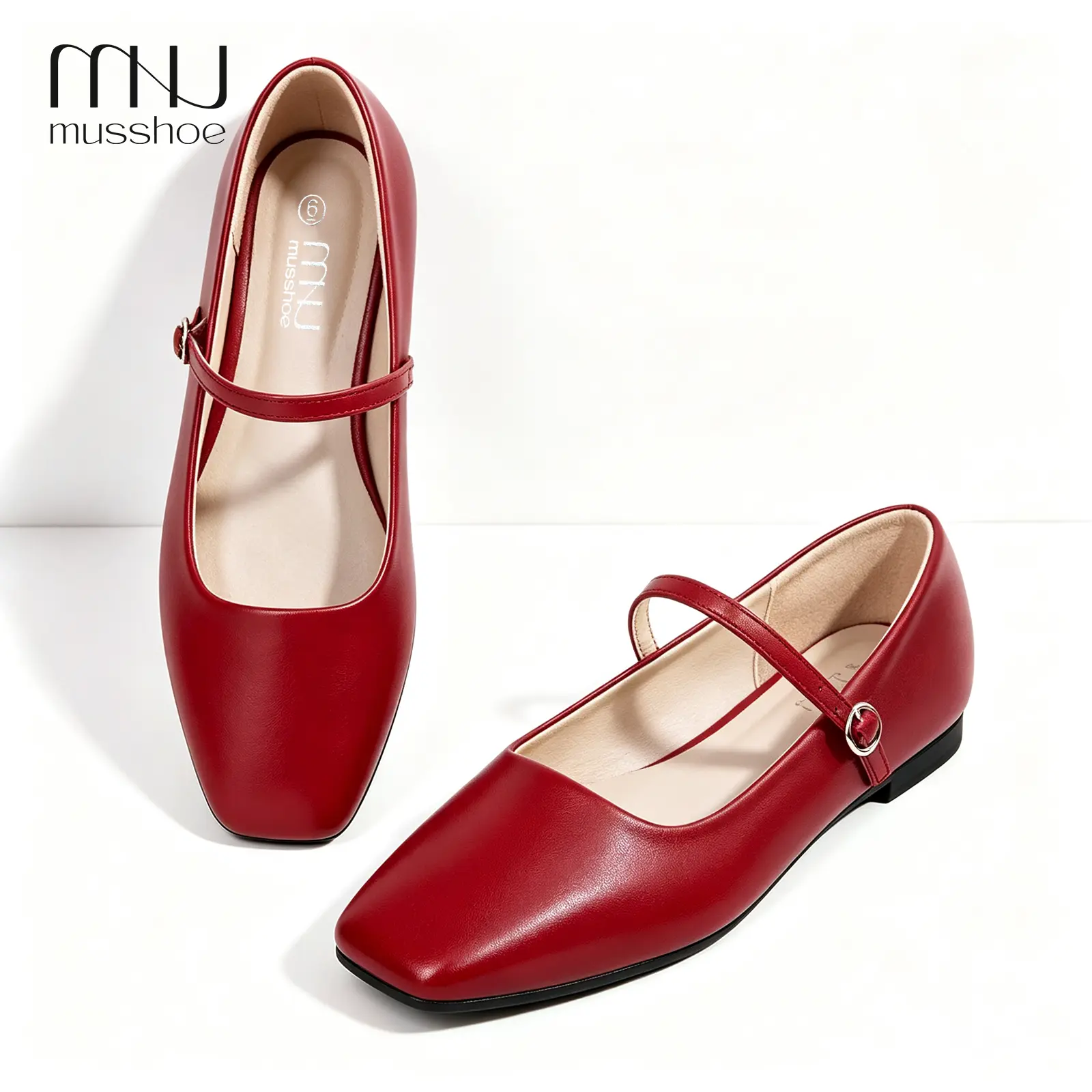 MUSSHOE Women’s Square Toe Mary Jane Flats, Adjustable Strap Ballet Shoes in Cherry Red & Nude,women’s mary jane flats,mary jane shoes women,square toe flats women,ballet flats women,adjustable strap flats