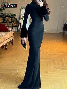 Women's Solid Color High Neck Turtleneck Hem Slim Fit Floor-Length Dress, Fashion Chic Elegant Long Sleeve Patchwork Faux Fur  Dress, Casual Party Lady Clothing for Autumn Winter New