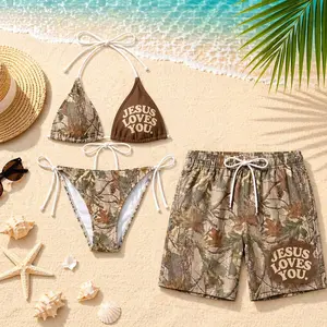 Jesus Loves You Camo Couple Swimwear Set, Matching Bikini and Men's Trunks, Christian Beachwear Gift, Camouflage Swimsuit Outfit